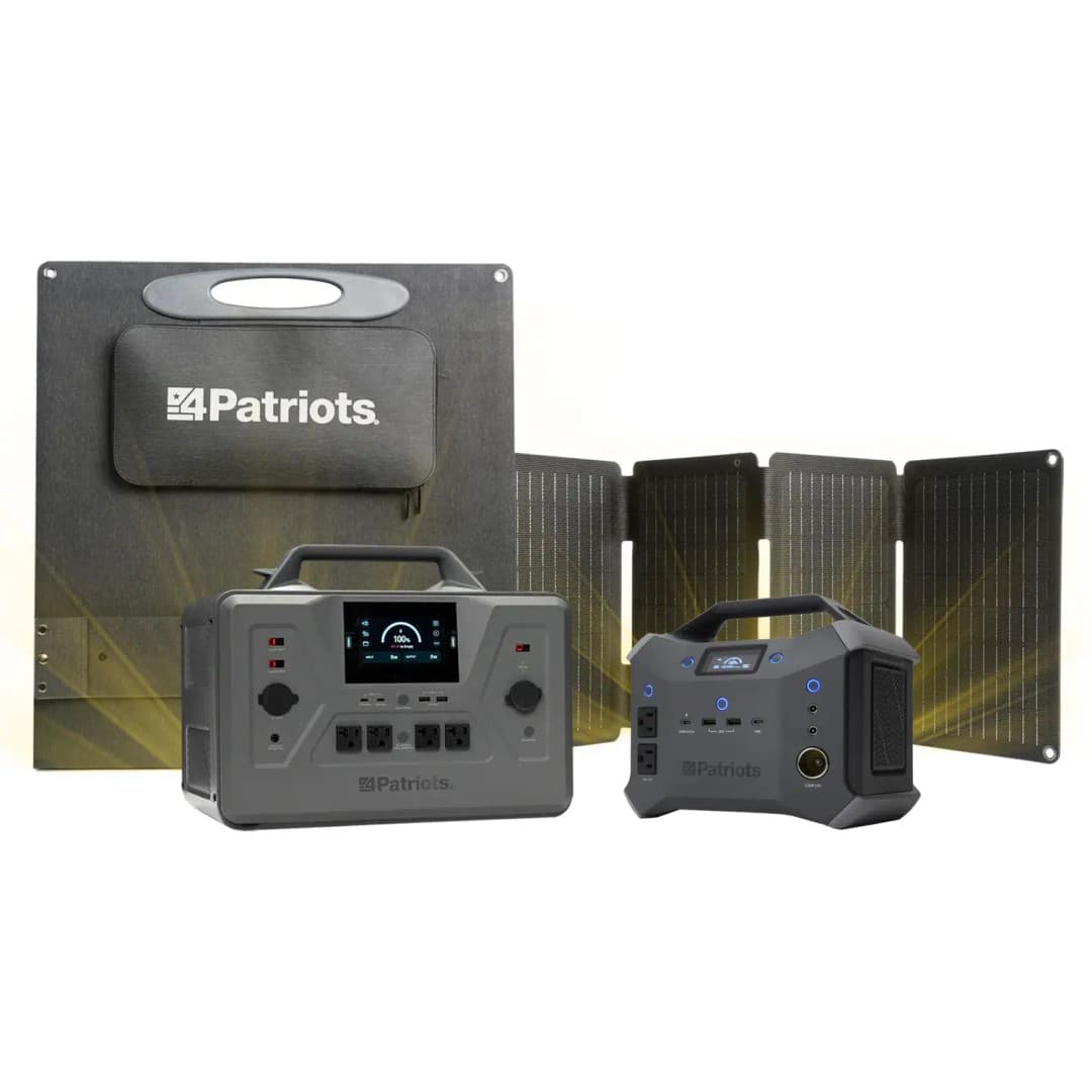 4Patriots Patriot Power Solar Generator 2200X and folded 200-Watt solar panel and a Patriot Power Sidekick Solar Generator and foldable 40-Watt solar panel.