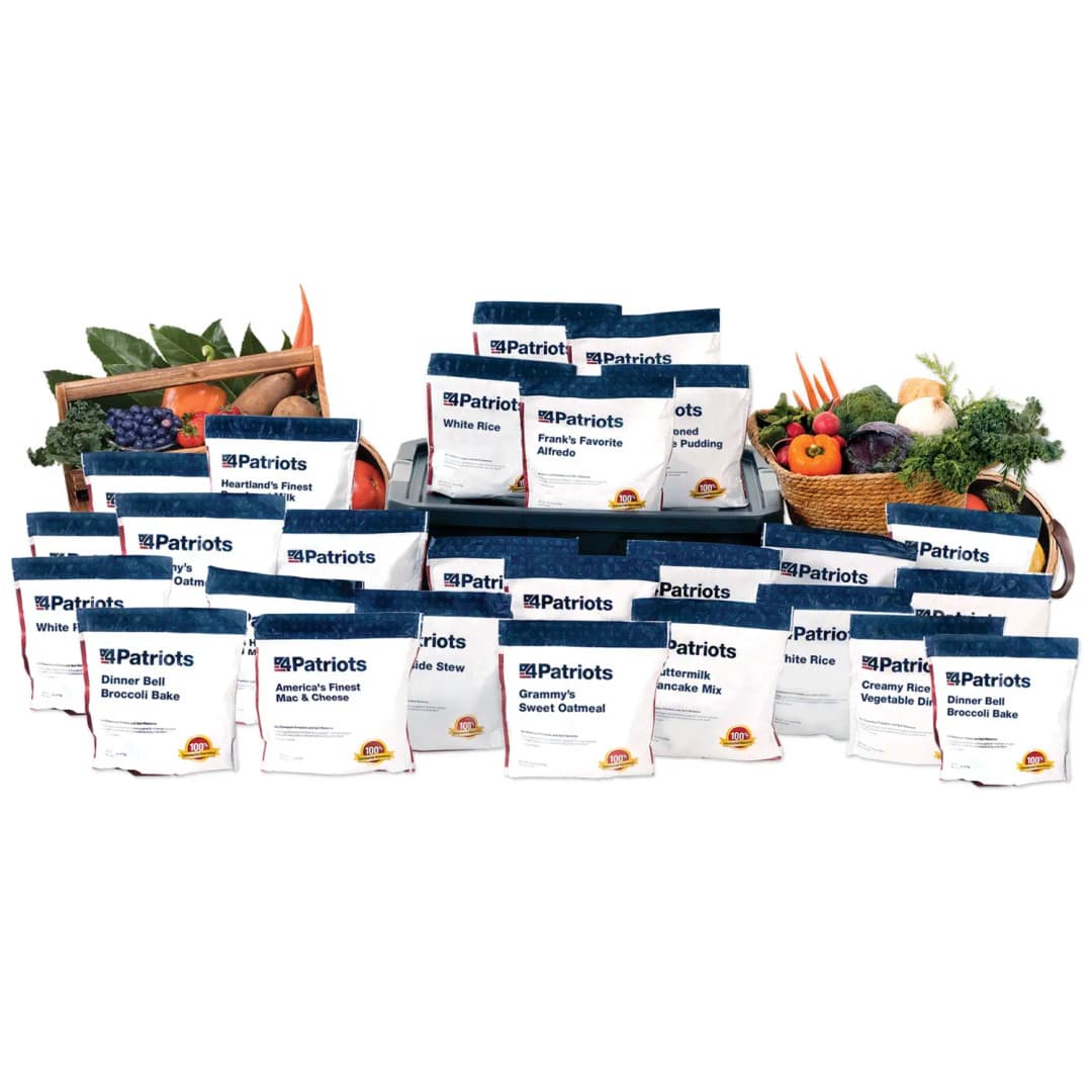 4Patriots 4-Week Emergency Survival Kit food pouches arranged in tiers around included water-resistant, slim-line tote with fresh produce baskets on either side.
